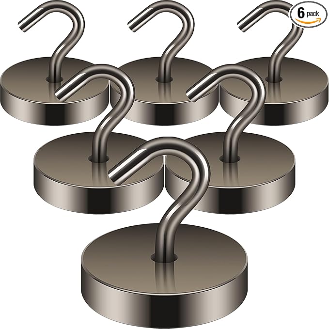 Neosmuk Magnetic Hooks Heavy Duty,100lb Super Strong Magnet with Hooks for Cruise Cabins, Large Metal Hooks for Hanging on Fridge,Extra Strong Magnet Hanger for Ship Walls, 6 Pack,Grey
