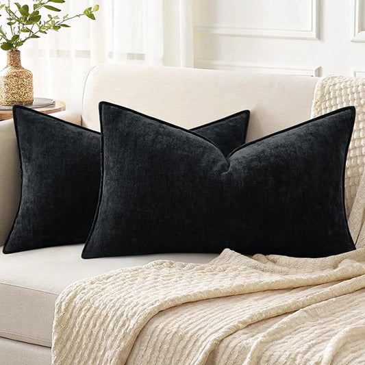 decorUhome Spring Couch Throw Pillow Covers 12x20 Set of 2, Decorative Soft Velvet Modern Cozy Chenille Lumbar Pillow Cases with Elegant Design for Sofa Bed Living Room Home Decor, Black