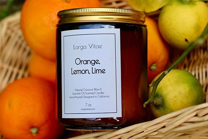 Orange, Lemon, Lime Coconut Wax Candle Non Toxic Aromatherapy Candle with Essential & Prime Rated Natural Fragrance Oils, Clean Burning Amber Jar Candle, 7 oz Small Batch