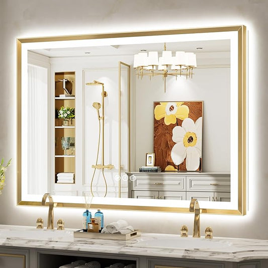 55x40 Gold Framed LED Bathroom Mirror with Lights, Backlit and Front Light, Lighted Bathroom Vanity Mirror for Wall Dimmable Anti-Fog Memory Tempered Glass Horizontal/Vertical