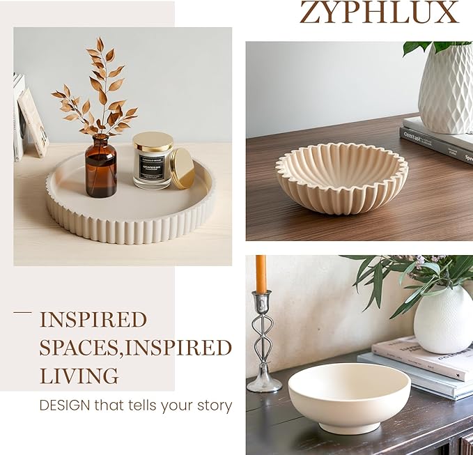 Round Decorative Tray for Coffee Table Decor, 11" Table Centerpieces Concrete Wave-Shaped Circular Tray for Modern Decoration Housewarming Gifts New Home Apartment Must Haves Essentials