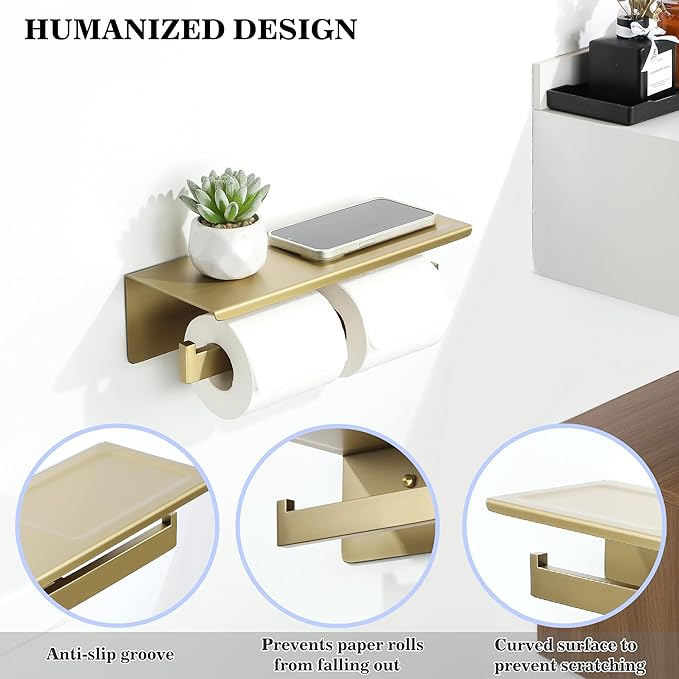 Alise Toilet Paper Holder,Bathroom Tissue Holder with Shelf,SUS304 Stainless Steel Double Toilet Paper Roll Holder Storage Dispenser,Self Adhesive or Wall Mount Drilling Paper Rack,Golden GYT5002-G