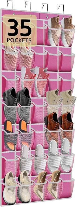 PAULONE 35 Pocket Over the Door Shoe Organizer,Reusable Breathable Large Mesh Bag Men's & Women's Sneaker Organizer,Shoe Organizer for Kids,Hanging Shoe Storage Hanging Bag (Pink)