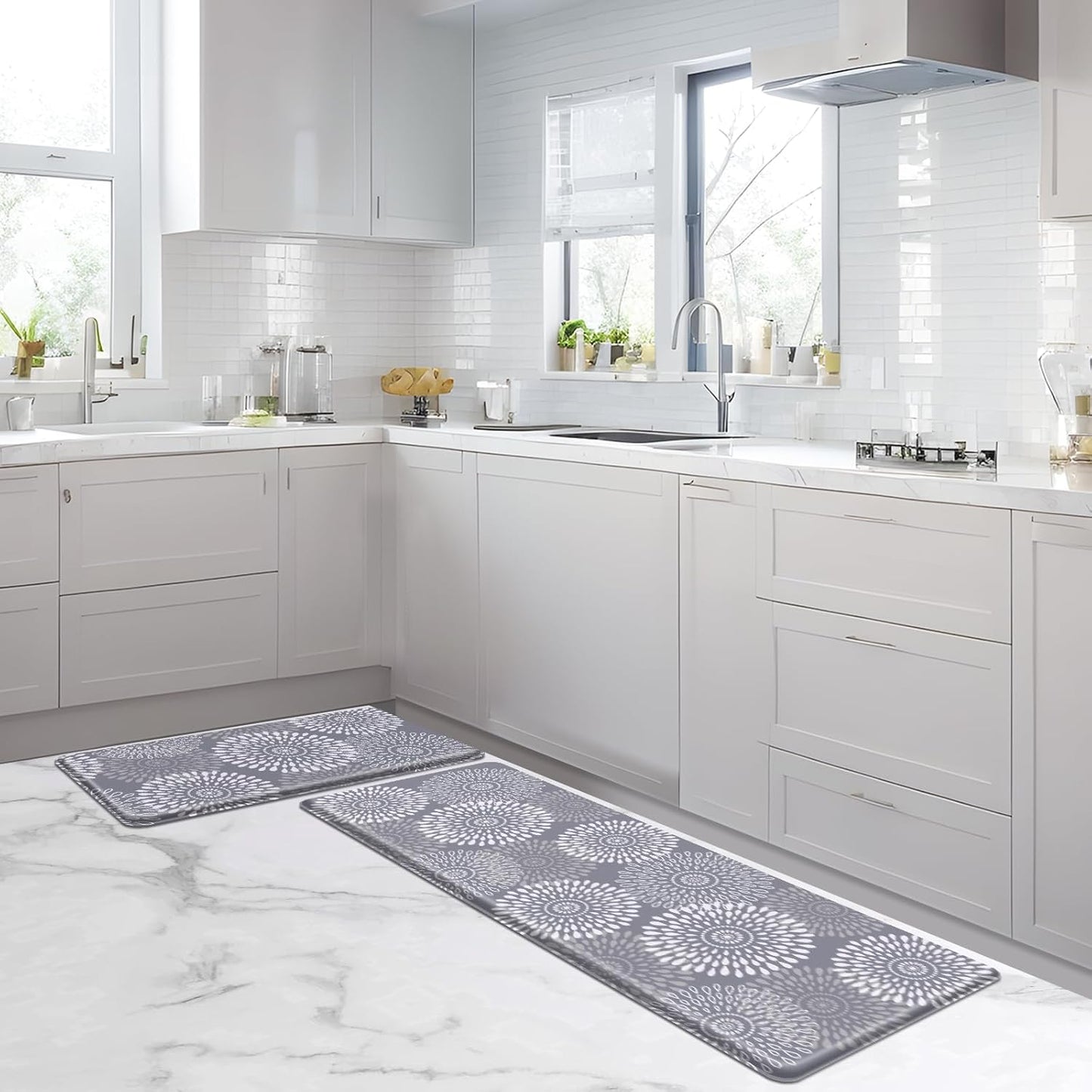 Anti-Fatigue Kitchen Mat Set of 2 – Cushioned Non-Slip Floor Rugs in Grey