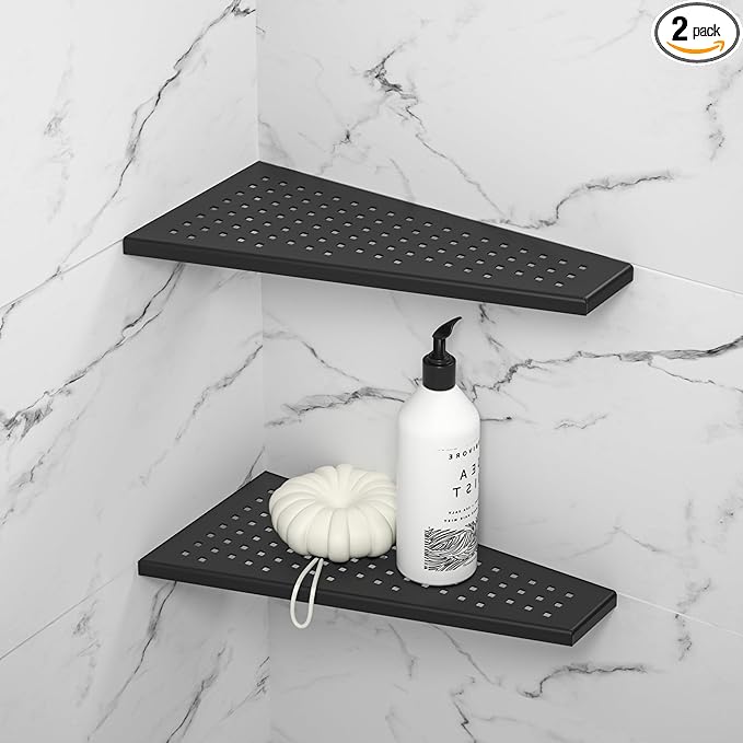Corner Shower Shelf, Matte Black 12" 304 Stainless Steel Trapezoid Grout in Shelf with Grid Hollows Design, Recessed Bathroom Shelves for Tiled Wall Retrofit, 2 Pack