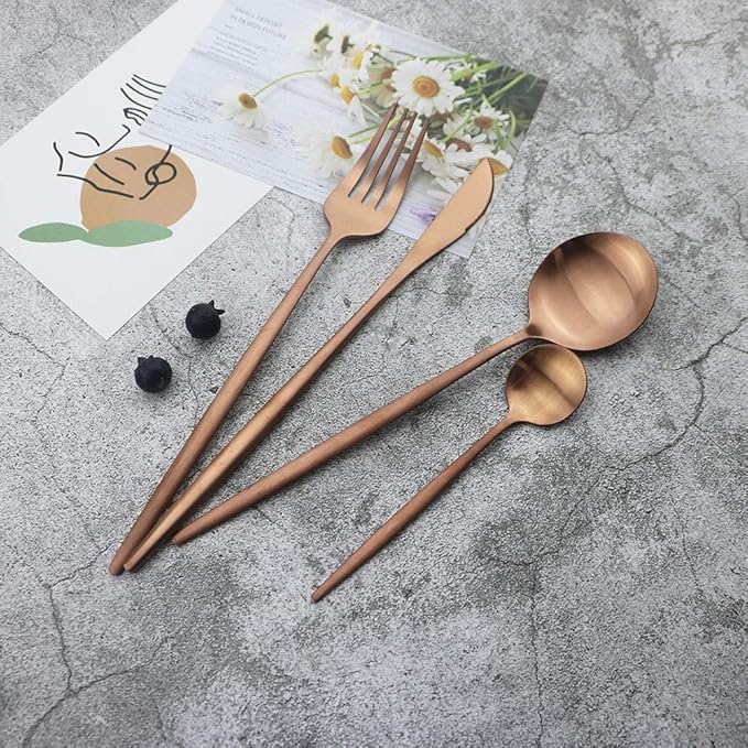 JASHII Rose Gold Silverware Set, 24 Pieces Stainless Steel Copper Flatware Set Cutlery Sets, Include Knife Fork Spoon Teaspoon, Service for 6 (Matte Rose Gold)