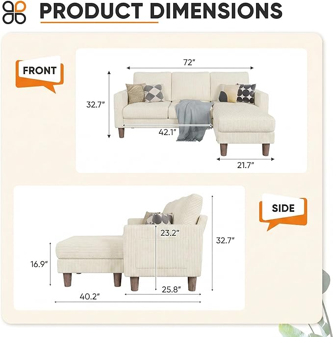JUMMICO L Shape Sectional Sofa Couch, 3 Seat Convertible Sofa with Movable Ottoman and Side Storage Pockage, Modern Sofa Small Couches for Living Room & Apartment and Small Space (Corduroy, Beige)
