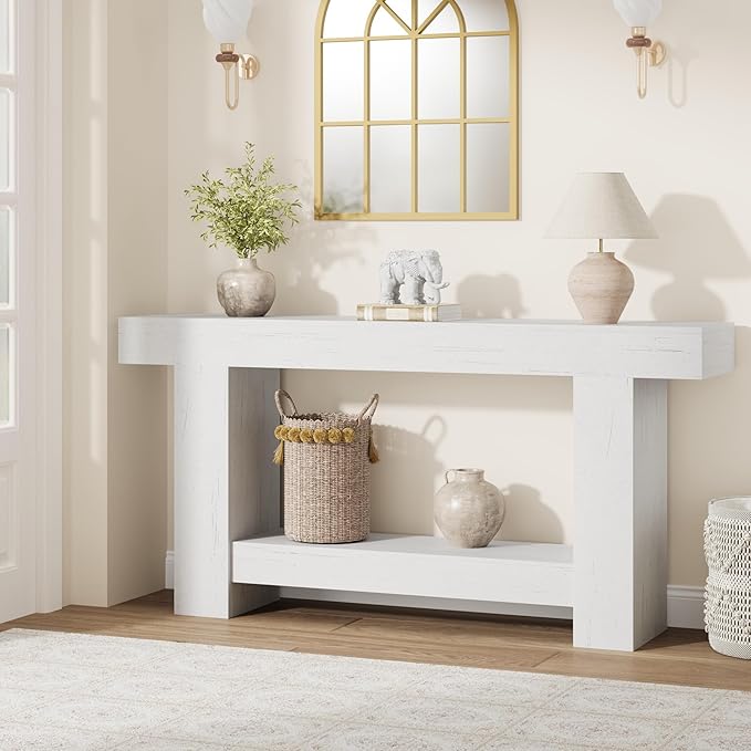 Garvee 63" Farmhouse Console Table with 2 Tiers and Storage – Large Wooden Sofa Table for Entryway, Hallway and Living Room