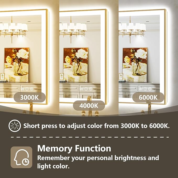 44x36 Inch LED Bathroom Mirror with Lights (Front Lit and Backlit) Gold Framed Lighted Vanity Mirror for Bathroom Wall Dimmable Anti-Fog Memory Tempered Glass Horizontal/Vertical