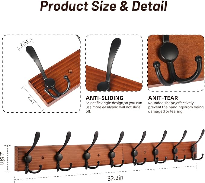 Rustic 32.2" Large Coat Rack Wall Mount, Long Wood Coat Hooks Wall Mount with 8 Triple Hooks, Heavy Duty Wooden for Entryway, Farmhouse Hanging Jackets, Coats, Hats, Bags,Towel
