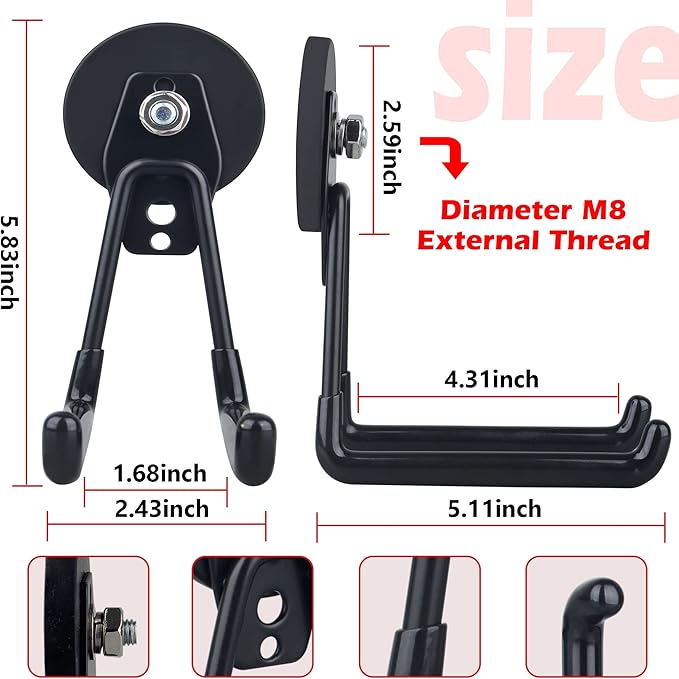 ULIBERMAGNET Magnetic Hooks,Heavy Duty Extra Large Hooks,Power Tool Organizer for Workshop Organization, 2 Pack Tool Hooks for Cordless Drill,Garden Tool,Metal Cabinet,Steel Pegboard(Black)