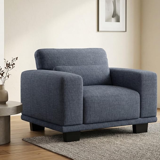 Marsail Single Seater Couch, 40 Inch Sofa with Wide Armrests & Deep Cushions, Modern Linen Fabric Sofas for Living Room, Comfy Upholstered Couch with Removable Washable Covers, Blue