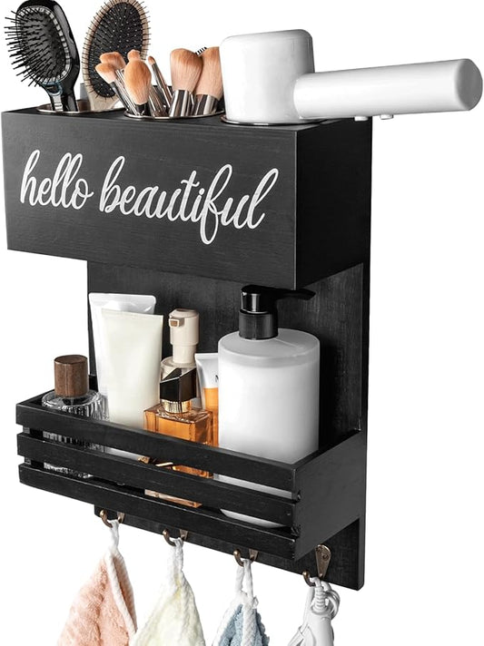 Wooden Hair Dryer Holder Wall-Mounted - 2 Tier Bathroom Storage Shelf Cosmetic & Hairdressing Tools Organizer for Bathroom Countertop/Vanity (Black)