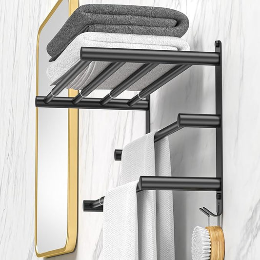 Black Adjustable Towel Bar for Bathroom Wall Mount17-30.7inch Adhesive Shower Towel Rack Stainless Steel Bath Towel Holders for Toilet Kitchen Double Towel Hanger (Black 3-Layer Towel Rack)