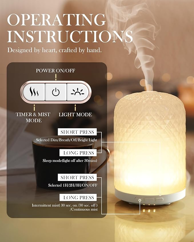 Essential Oil Diffuser - 2.4MHz Ultrasonic Glass Diffuser for Home, 120ml, Pulse&Continuous Mist, Bright/Dim/Breathing Lighting, Waterless Auto-Off, Aromatherapy Diffuser with USB Cable