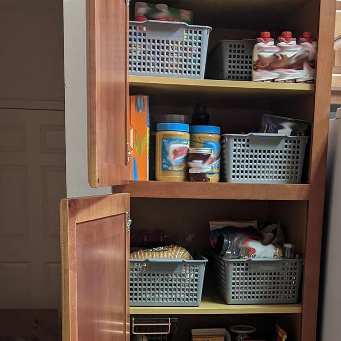 3 Pack Large Plastic Storage Baskets, 14.3 x 10.2 x 5.7 Inch Grey Storage Bins, Stackable Plastic Woven Basket Organizer Tray for Pantry Organization