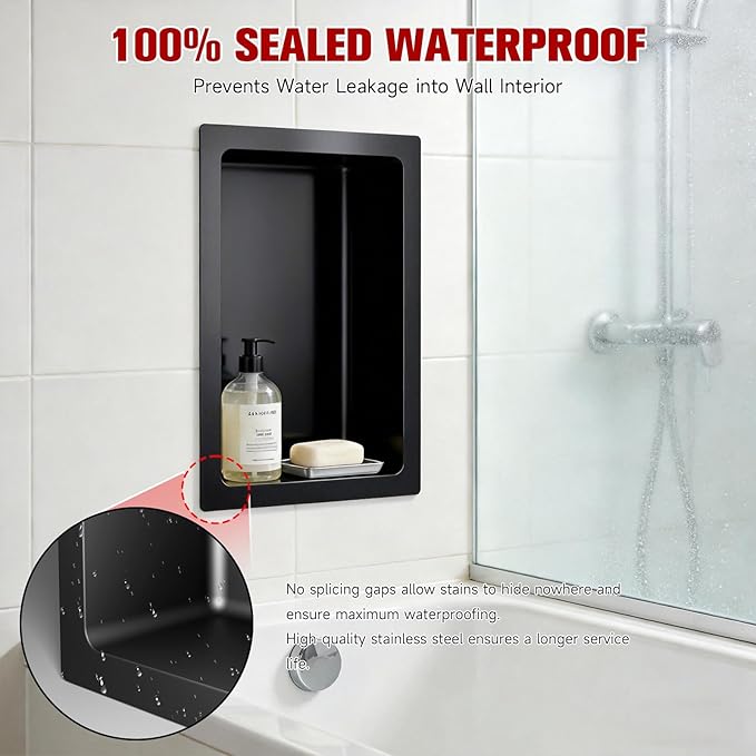 No Tile Needed Shower Niche 13"X 19", Bathroom Wall Niche Single Shelf, Stainless Steel Shower Niche for Bathroom, Kitchens, Balconies
