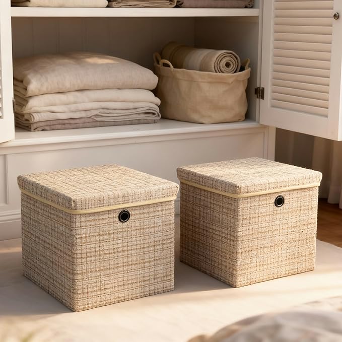 modscape 2-Pack 12"x12" Fabric Cube Storage Bin with Lid, Foldable Collapsible Fabric Storage Bins for Clothes Toys, Sturdy Storage Cube for Bedroom Closet Shelves Home Organization (Shining Beige, 2)