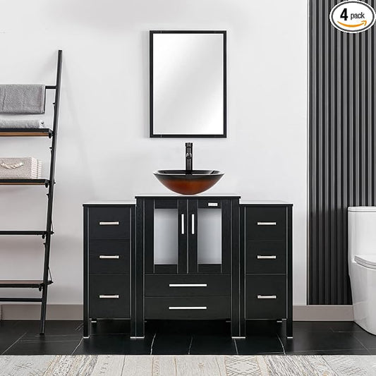 eclife 48" Modern Bathroom Vanity Sink Combo Freestanding Cabinet with Small Side Cabinet, Brown Square Glass Vessel Sink, Water Save Faucet, Drain (Black+A48)