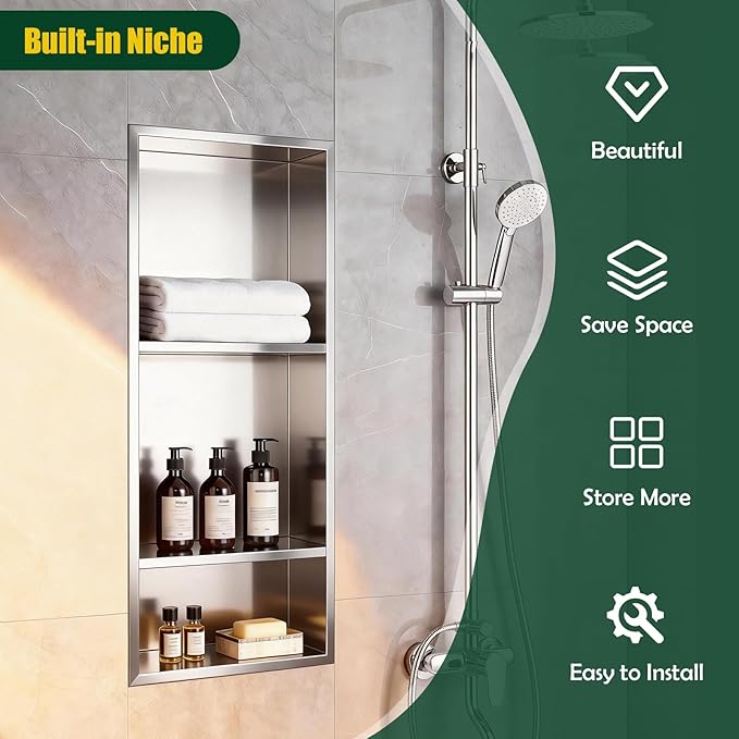 EasyVibe 3-Tier 304 Stainless Steel Shower Niche 30 x 12 Inch, No Tile Needed Large Recessed Wall Insert with Three Shelves, Brushed Metal Waterproof Storage for Bathroom & Wet Room, Sliver