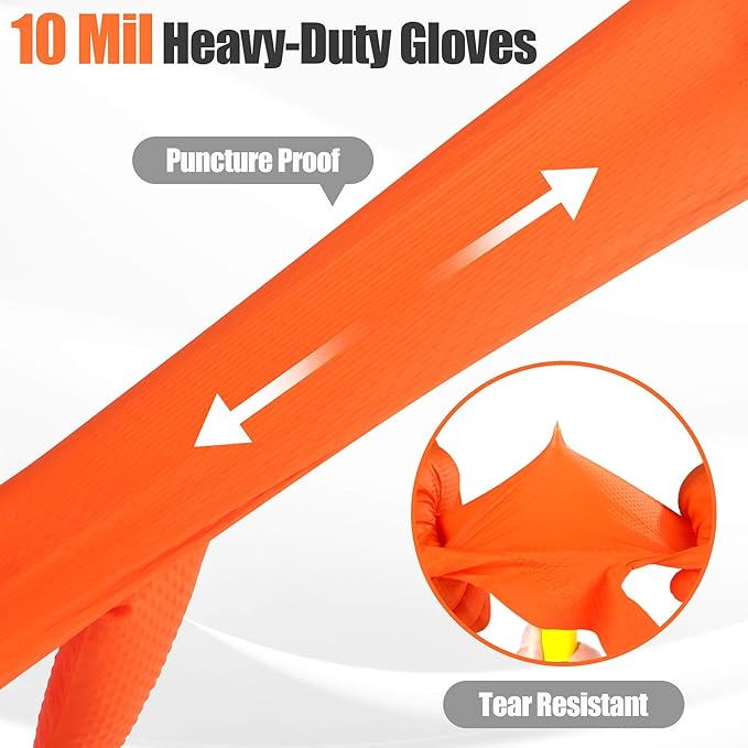 TREEGO 10 Mil Orange Nitrile Gloves Heavy Duty — High-Visibility Diamond Texture Grip, Latex Free Disposable Mechanic Rubber Gloves, XLarge, 100 Count