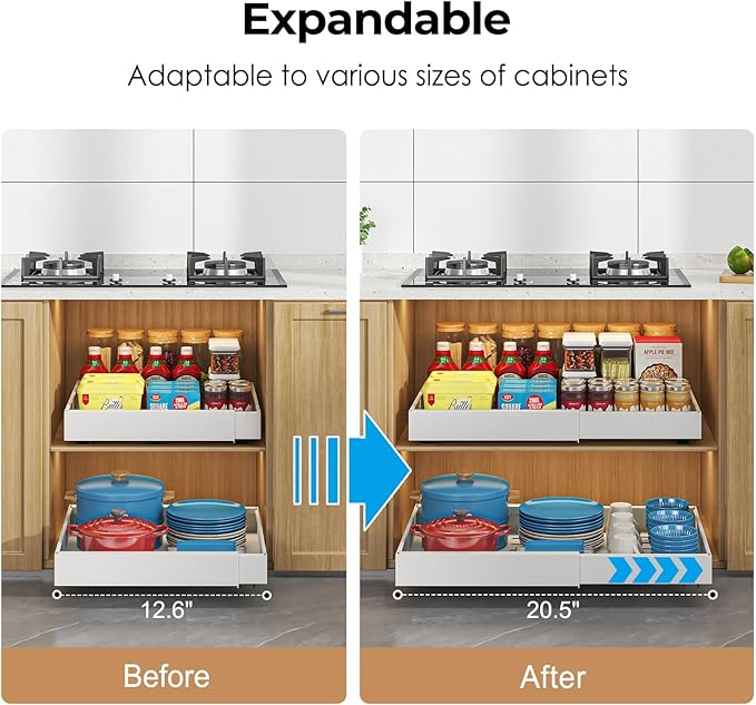 Pull Out Cabinet Organizer, 2PCS 16.5"Deep Expandable Heavy Duty Pull Out Drawers for Cabinets Fixed with Adhesive Film, Peel Stick Slide Out Drawers for Kitchen Pantry Bathroom, No Screw (White)