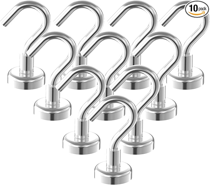 Heavy Duty Magnetic Hooks 5/8" Magnetic Base,25lbs Vertical Pull Force-10Pack Super Strong Rare Earth Magnet Hook,Strong Cruise Hook for Hanging,Magnetic Hanger for Cabins,Grill,Kitchen