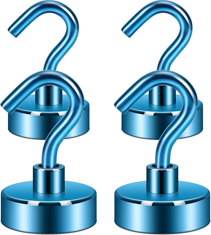 Neosmuk Magnetic Hooks,Heavy Duty Earth Magnets with Hook for Refrigerator, Extra Strong Cruise Hook for Hanging, Magnetic Hanger for Cabins, Grill (Blue, Pack of 4)