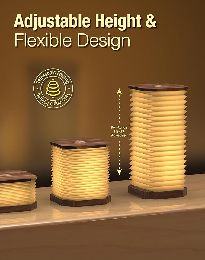 Bedside Table Lamp for Bedroom, Vertical Accordion Lamp with Warm Light, Adjustable Height & Brightness, USB Charging, Study Reading Light for Living Room, College Dorm, Home, Office
