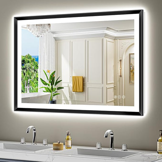 48x32 Black Framed LED Bathroom Mirror with Lights, Backlit and Front Light, Lighted Bathroom Vanity Mirror for Wall Dimmable Anti-Fog Memory Tempered Glass Horizontal/Vertical