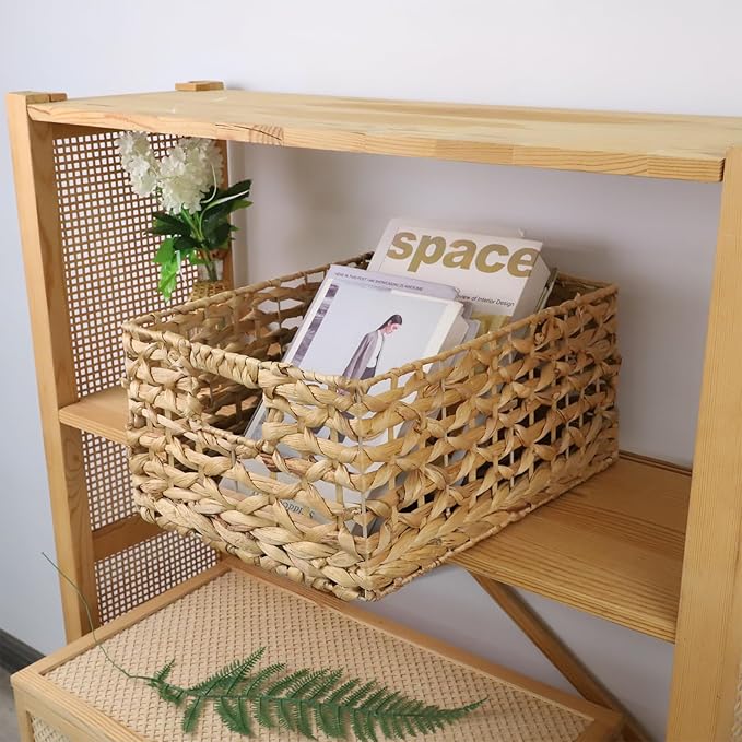 Rectangular Water Hyacinth Storage Basket — Wicker Basket for Organizing with Handle, Decorative Rattan Basket for Bathroom, Bedroom, Shelves & Living Room (Large)