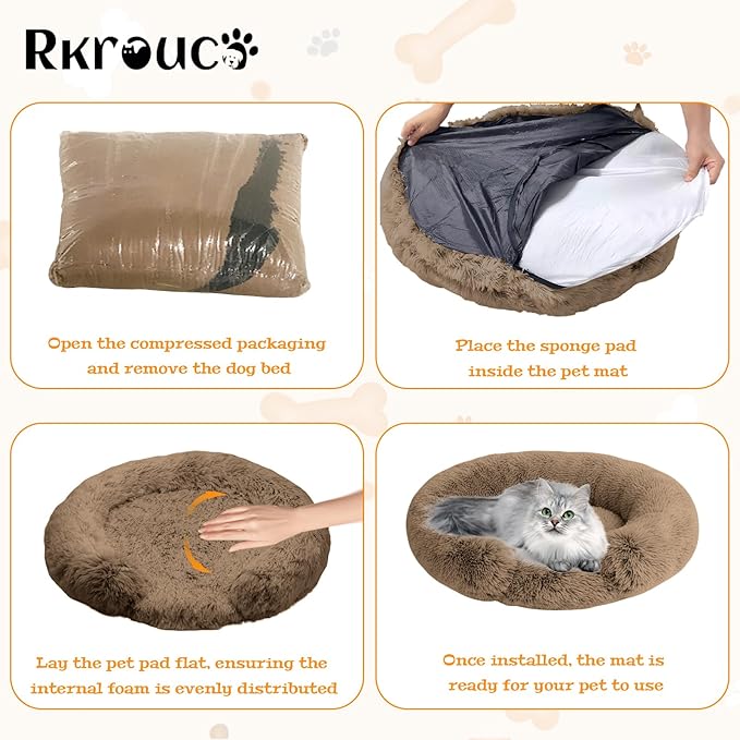 Fluffy Dog Bed Calming Donut Beds for Large Dogs Warming Round Small Medium Pet Nest Cozy Cat Mattress Indoor Washable Puppy Kennel Kittens Sleep Mat (L, 35.4×35.4 inch, Light Brown)