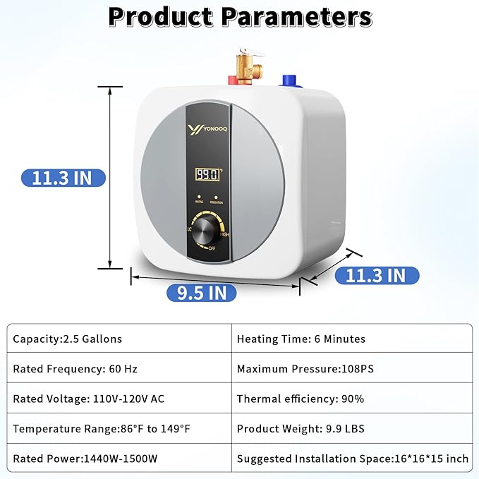 2.5 Gallon Mini Tank Water Heater Electric, 1500W 110V/120V, Under Sink Water Heater with Digital Display & Pressure Relief Valve, Hot water heater for Kitchen Bathroom RV Camper