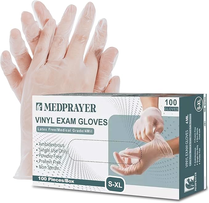 Vinyl Exam Gloves - Disposable & Powder Free Gloves for Hand Protection, Food Safe, Medical Use