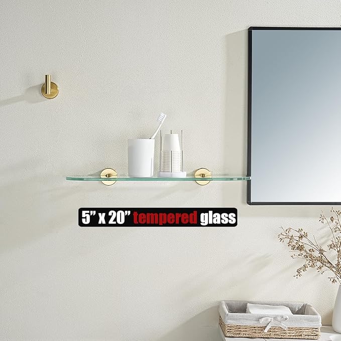 JQK Bathroom Glass Shelf Gold, Tempered Glass Shower Storage 20 by 5 inches, 304 Stainless Steel Brushed Gold Wall Mount, TGS121L20-BG