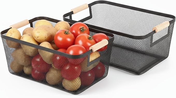 2-Pack Metal Mesh Basket, Small Wire Storage Organizer with Wood Handle for Kitchen Pantry, Bathroom, Cabinet, Closet, Picnic & Home Organization,Small, Black