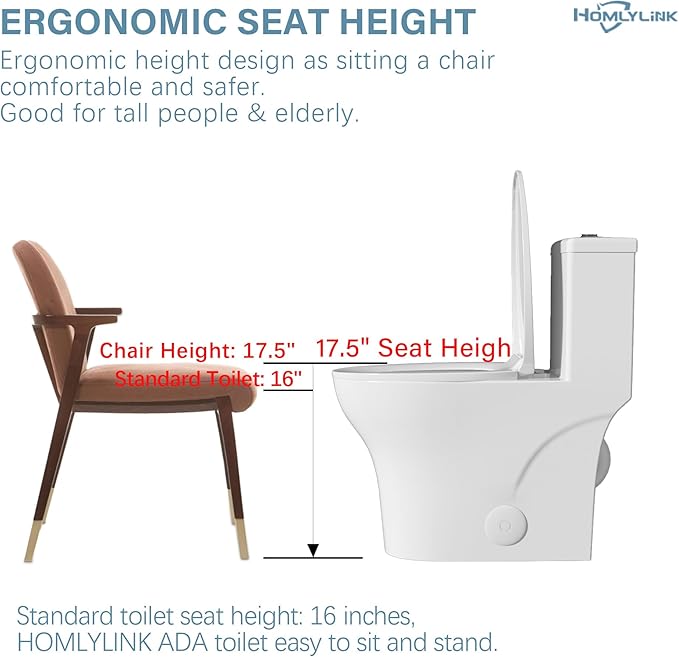 17 Inch Elongated Modern Tall Toilet for Bathroom, Tornado Flush One Piece ADA High Toilet, Dual Botton 1.0/1.28 GPF, Chair Height, Comfort Bowl Heigh 16.5", Seat Height 17.5", White