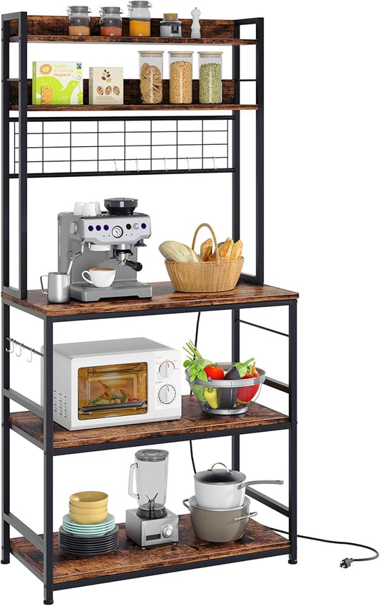 Shintenchi Bakers Rack with Power Outlet, Large Storage Space, 10 Hooks Coffee Bar with Metal Wire Panel, High Microwave Stand, Classic Kitchen Storage Shelf Design, Vintage Brown