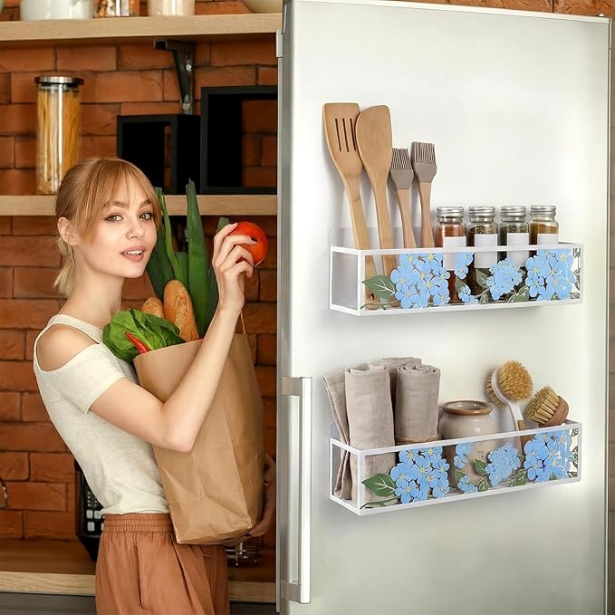 2 Pack Hydrangea Magnetic Spice Rack for Refrigerator Metal Magnet Basket Shelf for Fridge Seasoning Storage Organizers Home Decor Kitchen Accessories (Blue)