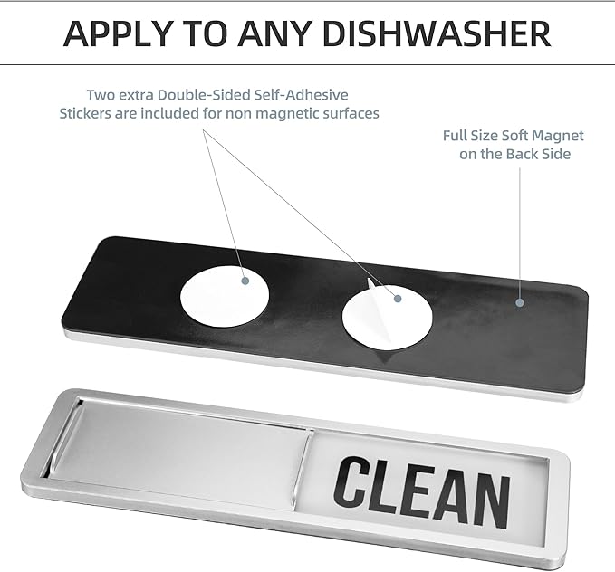 Dishwasher Magnet Clean Dirty Sign, Strong Magnet Clean Dirty for Kitchen Refrigerator, Easy to Read and Slide, Self-Adhesive Stickers for Non-Magnetic Dishwasher（Black White）