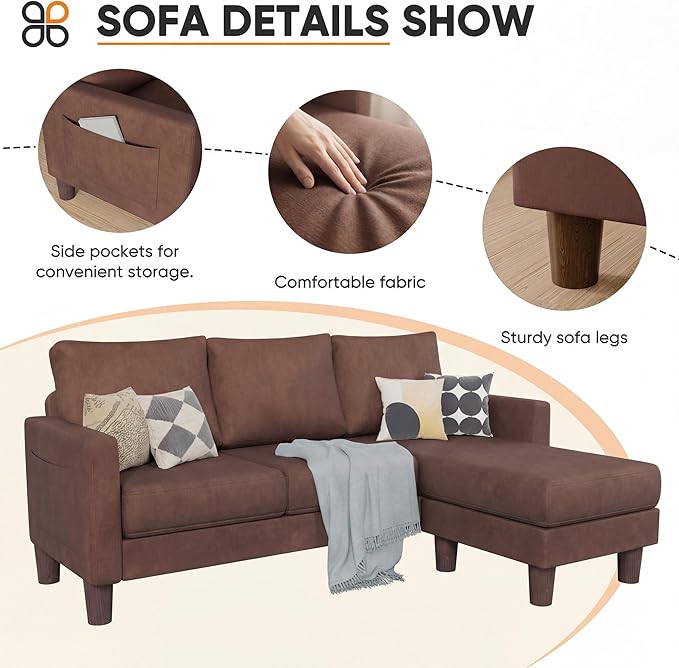 JUMMICO L Shape Sectional Sofa Couch, 3 Seat Convertible Sofa with Movable Ottoman and Side Storage Pockage, Modern Sofa Small Couches for Living Room & Apartment and Small Space (Linen, Brown)