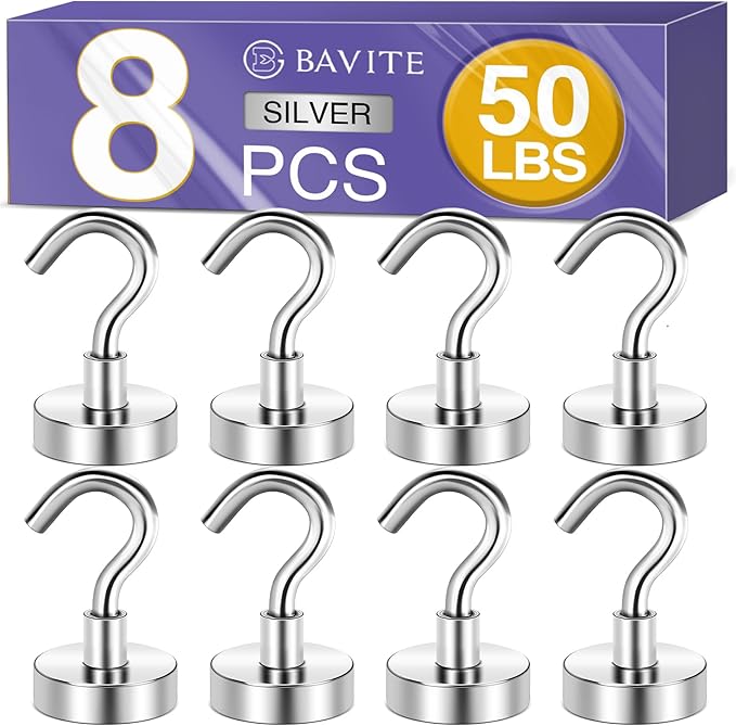 E BAVITE Heavy Duty Magnetic Hooks,50 LBS Strong Neodymium Magnet Hook for Home, Kitchen, Workplace, Office and Garage, 20mm(0.78inch) in Diameter - Pack of 8