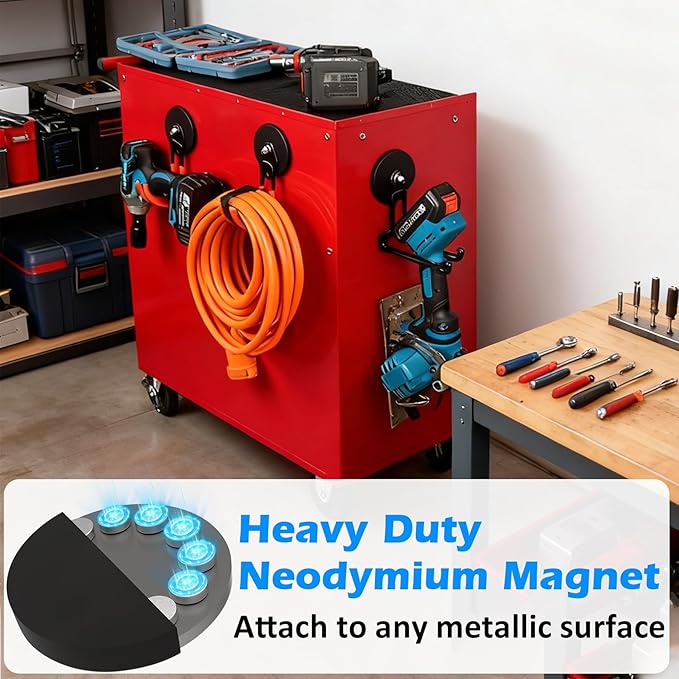 MUTUACTOR New Updated Magnetic Hooks Heavy Duty,40lbs 2Packs Strong Magnetic Hooks for Hanging,Anti-Scratch Rubber Coated Magnets J-Hook for Organizing Heavy Impact Drivers Trailer Cord Garden Tools