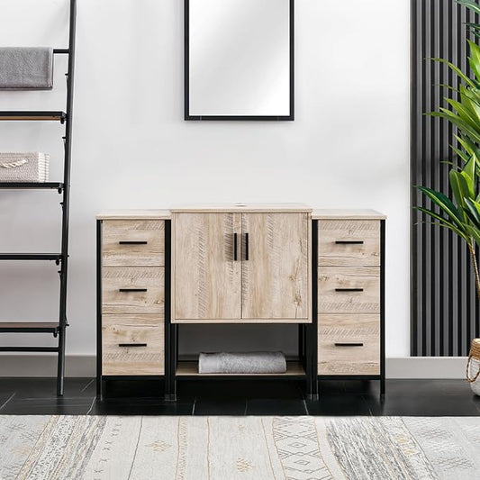 eclife 48" Bathroom Vanity Sink Combo Modern Metal Stand Cabinet W/Bottom Shelf & Storage Side Cabinets, Oak (Without Sink)