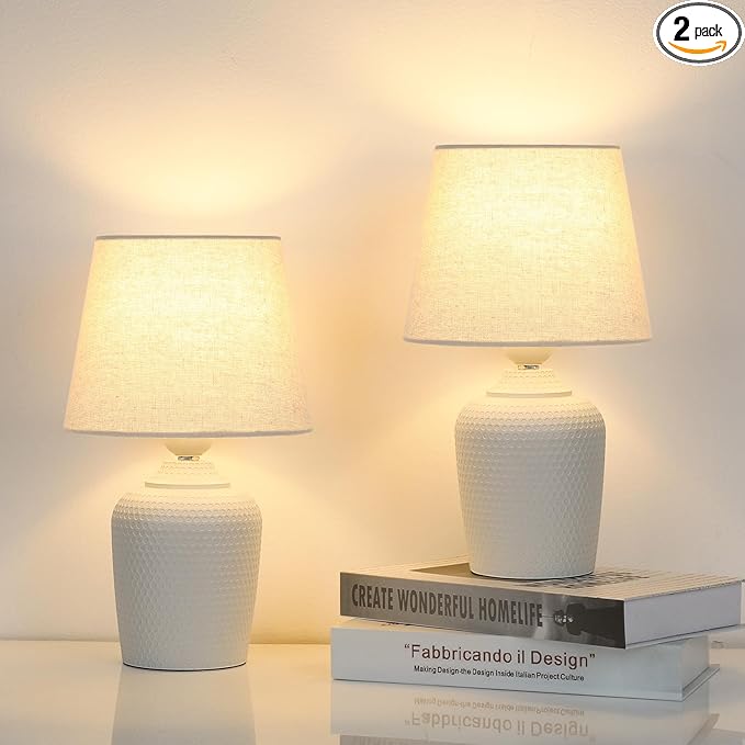 Small Table Lamps Set of 2 - Modern Bedside Nightstand Lamps with Textured Base