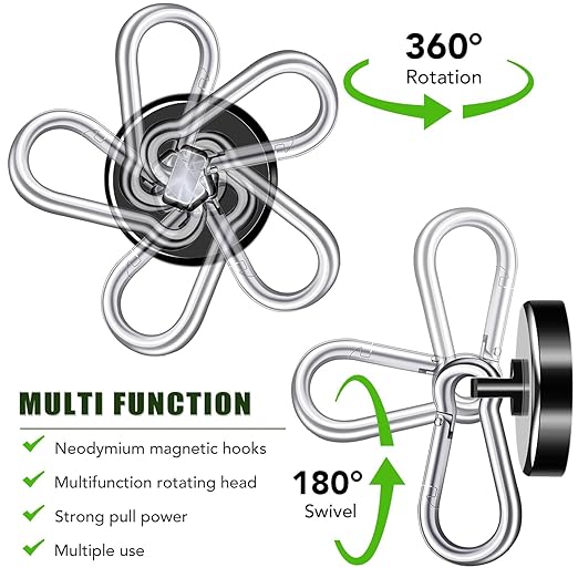 E BAVITE Carabiner Magnetic Hooks, 100LBS Strong Black Magnetic Hooks Heavy Duty with Swivel Carabiner Hook, Great for Hanging for Cruise, Garage, Kitchen, Refrigerator, Locker (6-Pack)