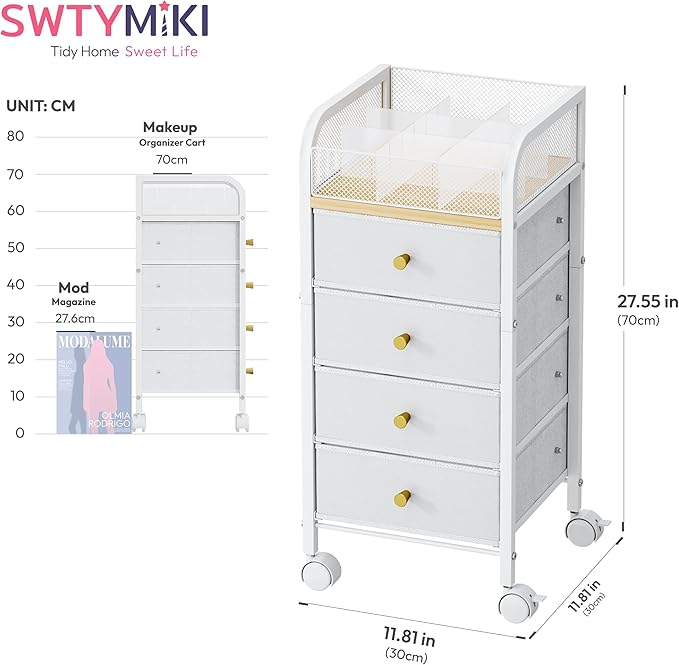 SWTYMIKI Rolling Makeup Organizer Cart - Floor Skincare Make Up Storage with 4 Non-woven Drawers, Vanity Organizer Cosmetic Display Cases Cabinet for Skin Care Perfume Nail Polish Brush Hair Tool
