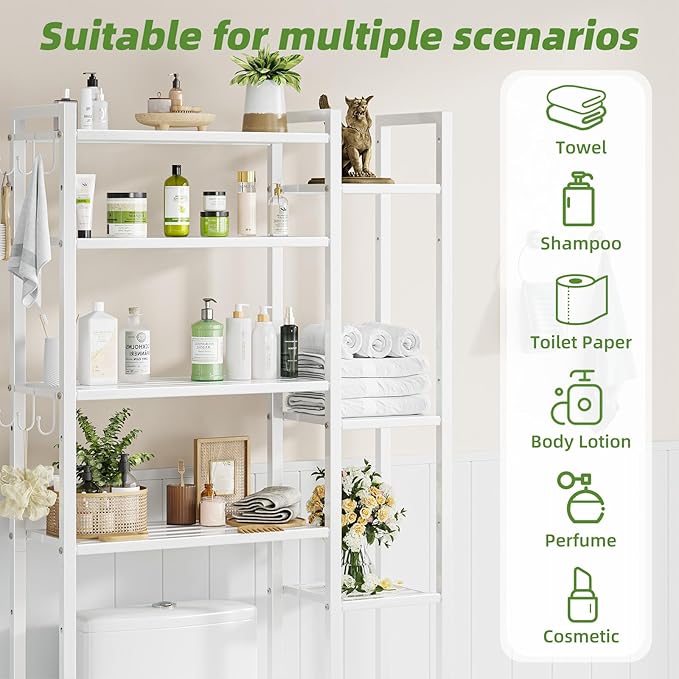 Simple Trending 8 Tier Over The Toilet Storage with Side Rack, Bathroom Organizer Metal Shelves for Towels, White
