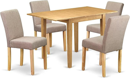 East West Furniture 1NDAB5-OAK-04 5 Piece Dining Set Includes a Rectangle Dining Room Table with Dropleaf and 4 Light Tan Linen Fabric Upholstered Parson Chairs, 30x48 Inch, Oak