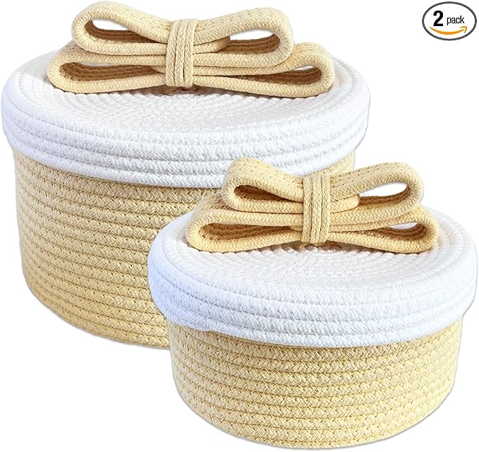 Cute Storage Baskets with Lids, Small Round Woven Rope Basket with Lid, Small Toy Box for Kids, Cat or Dog, Cute Basket for Gift, Toy or Home Decor, Chic Bow Handle (yellow)